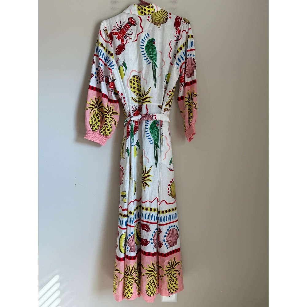 Boden Clara Linen Maxi Shirt Dress Womens 12 White Lobster Pineapple Belted - Picture 5 of 12